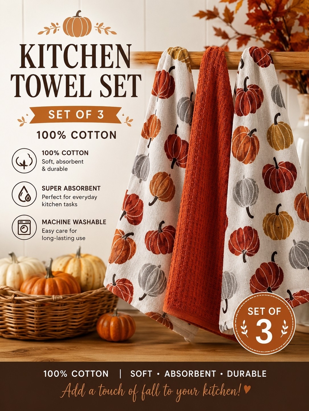 Autumn Pumpkin Kitchen Towel Set - 3 Pack (Orange, Cream, Gray)